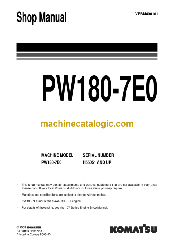 Komatsu PW180-7E0 Hydraulic Excavator Shop Manual (VEBM400101)