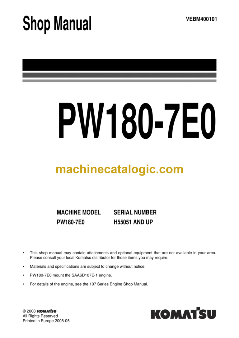 Komatsu PW180-7E0 Hydraulic Excavator Shop Manual (VEBM400101)