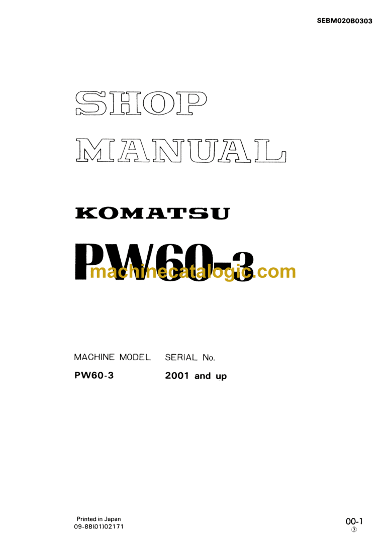 Komatsu PW60-3 Wheeled Excavator Shop Manual (SEBM020B0303)
