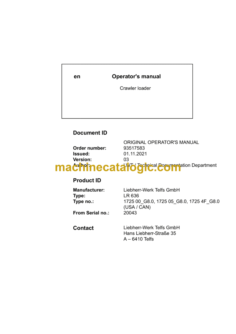 Liebherr LR 636 Crawler Loader Operating Manual (From SN 20043)