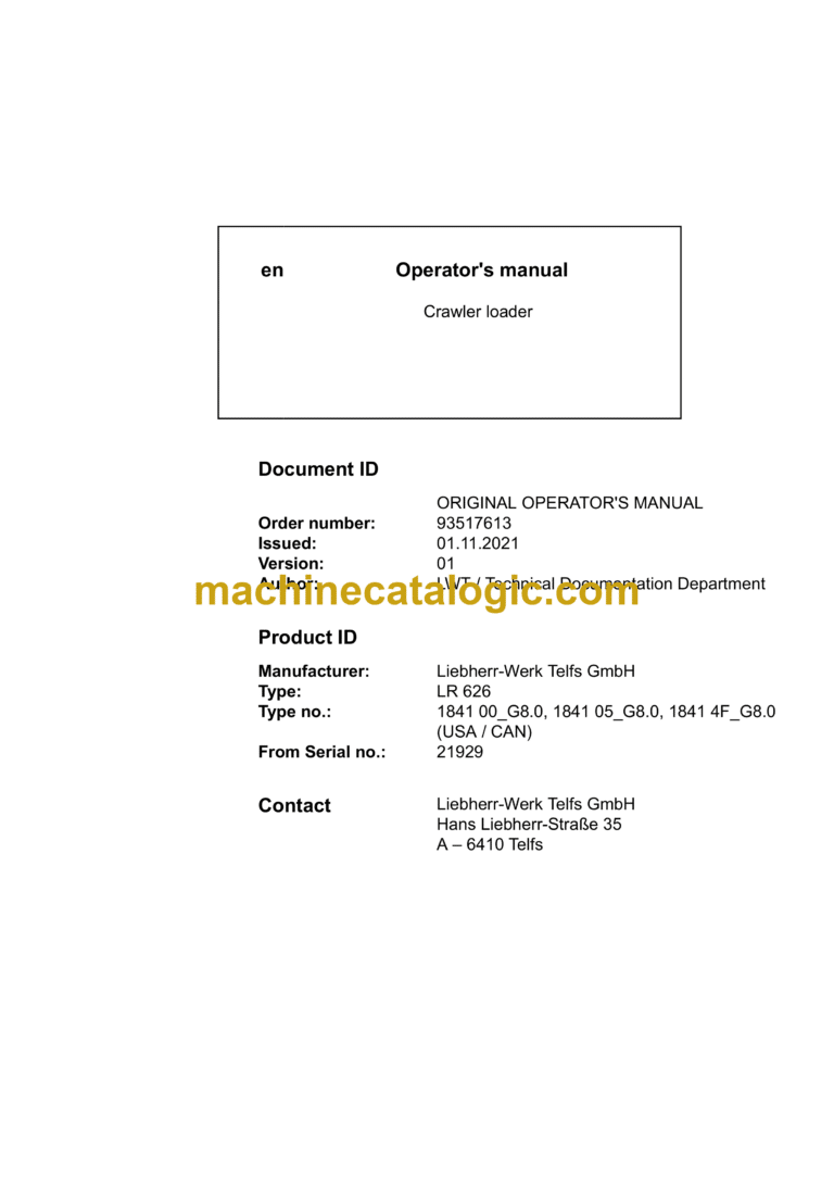 Liebherr LR 626 Crawler Loader Operating Manual (From SN 21929)