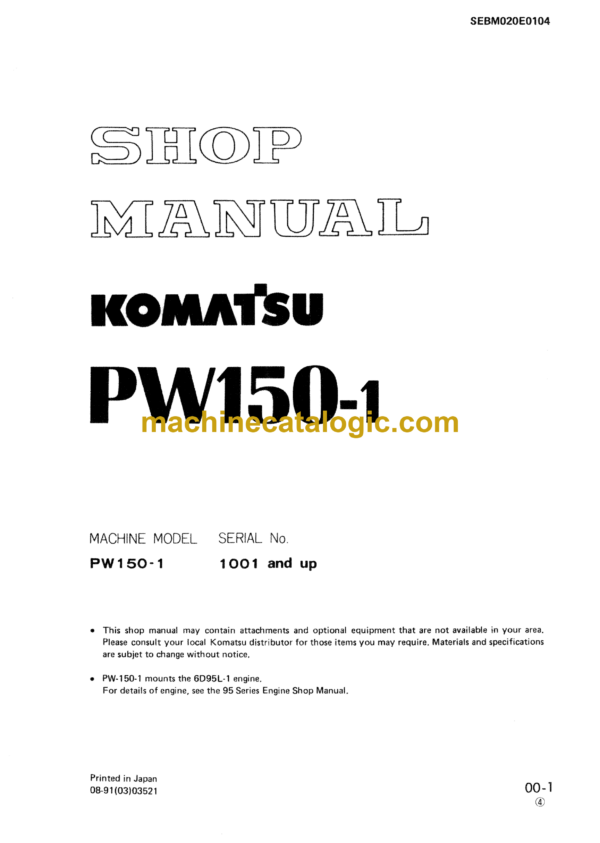 Komatsu PW150-1 Hydraulic Excavator Shop Manual (SEBM020E0104)