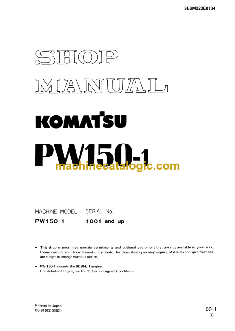Komatsu PW150-1 Hydraulic Excavator Shop Manual (SEBM020E0104)