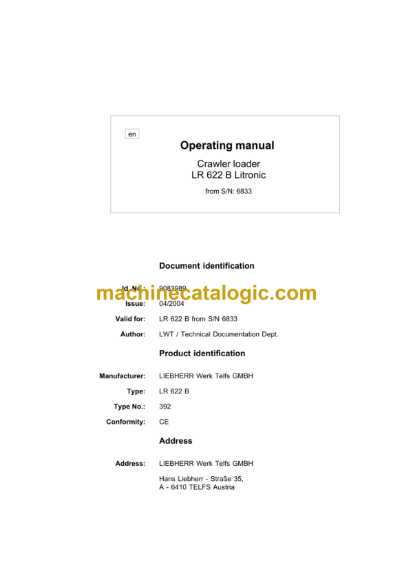 Liebherr LR 622B Litronic Crawler Loader Operating Manual (From SN 6833)
