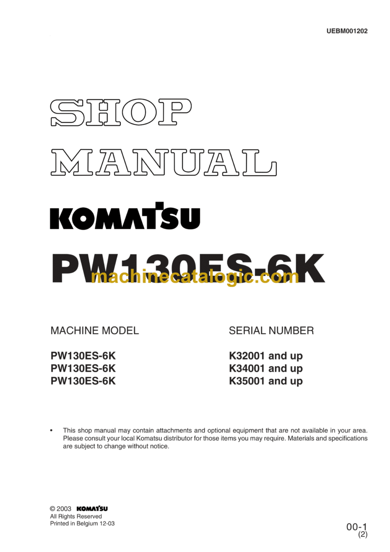 Komatsu PW130ES-6K Hydraulic Excavator Shop Manual (UEBM001202)