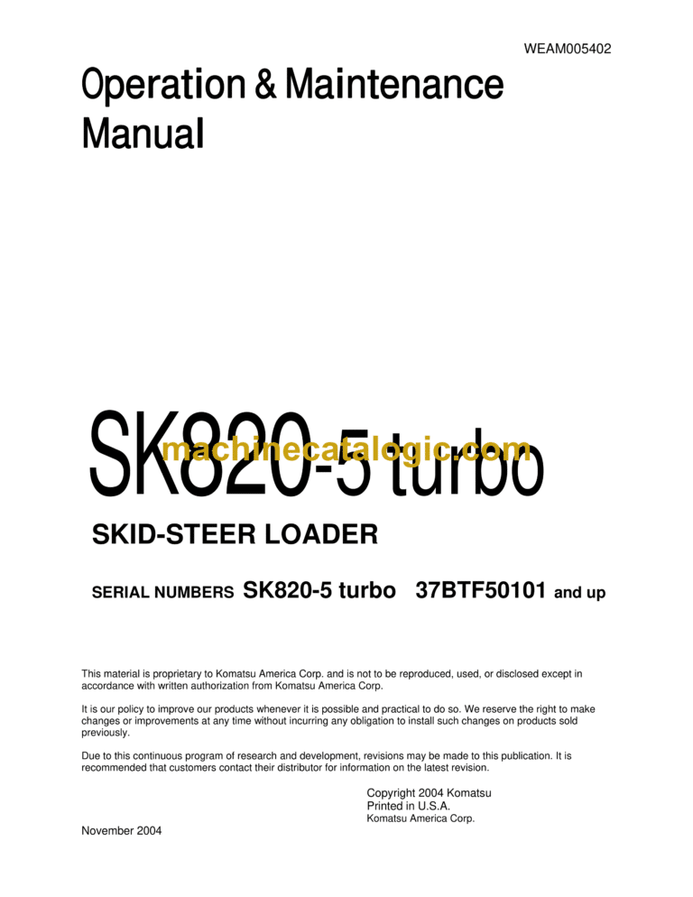 Komatsu SK820-5 Turbo Skid Steer Loader Operation and Maintenance Manual (WEAM005402) (37BTF50101 and up)