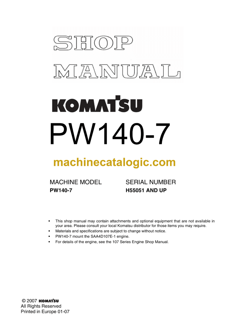 Komatsu PW140-7 Hydraulic Excavator Shop Manual (SAA4D107E-1 Engine)