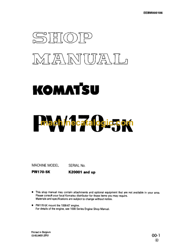 Komatsu PW170-5K Hydraulic Excavator Shop Manual (EEBM000106)