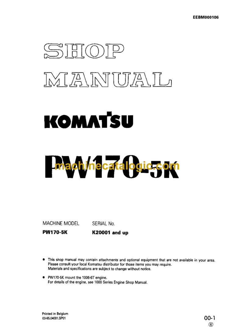 Komatsu PW170-5K Hydraulic Excavator Shop Manual (EEBM000106)