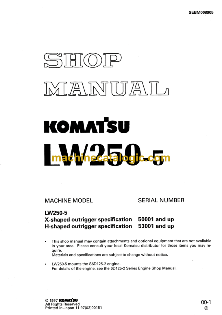 Komatsu LW250-5 Crane Shop Manual (SEBM008905)
