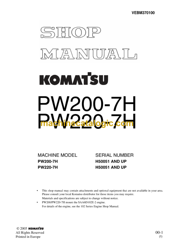 Komatsu PW200-7H, PW220-7H Wheeled Excavator Shop Manual (VEBM370100)