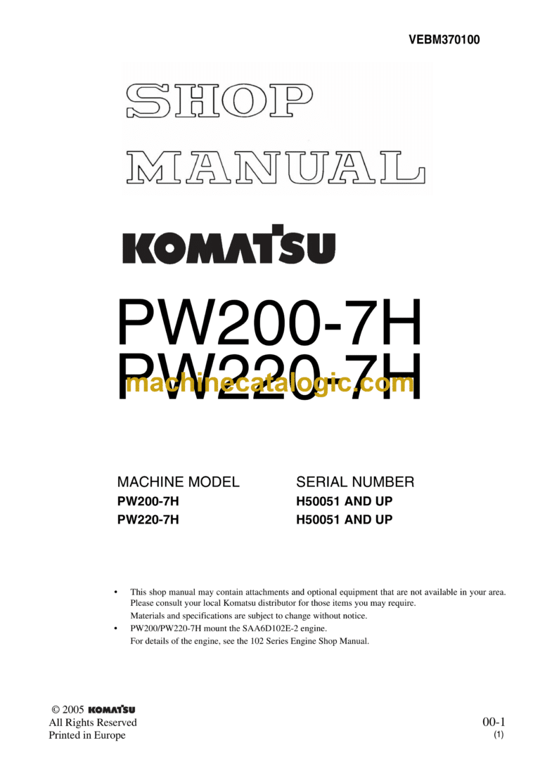 Komatsu PW200-7H, PW220-7H Wheeled Excavator Shop Manual (VEBM370100)