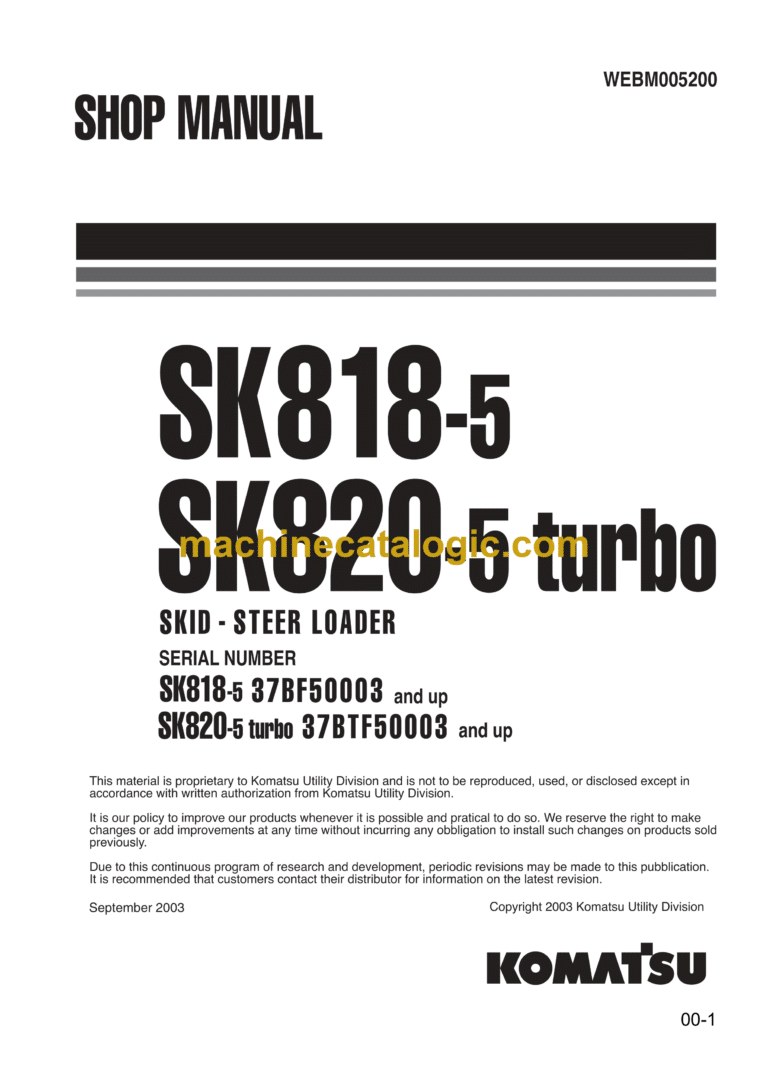 Komatsu SK818-5, SK820-5 Turbo Skid Steer Loader Shop Manual (WEBM005200)