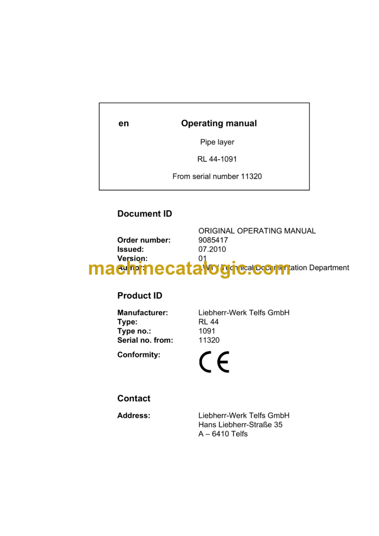 Liebherr RL 44 Pipe Layer Operating Manual (From SN 11320)