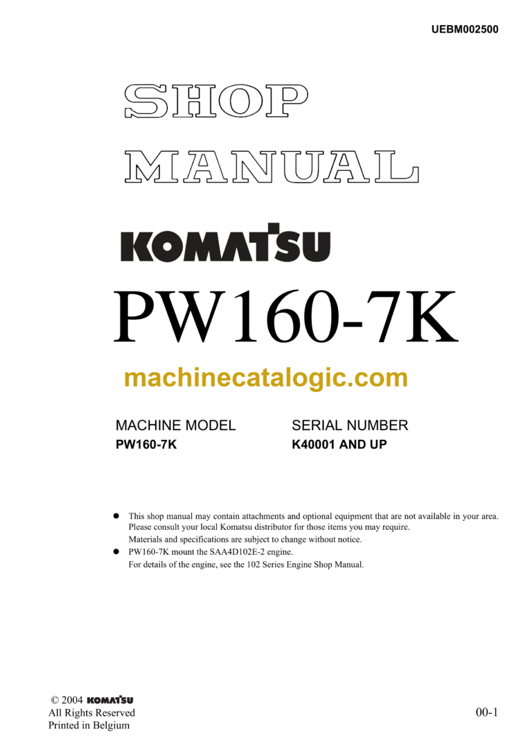 Komatsu PW160-7K Hydraulic Excavator Shop Manual (UEBM002500)