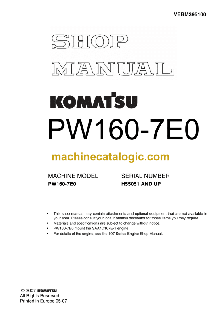 Komatsu PW160-7E0 Hydraulic Excavator Shop Manual (VEBM395100)