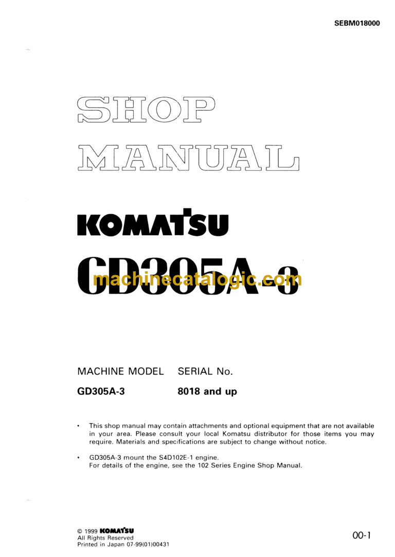 Komatsu GD305A-3 Motor Grader Shop Manual (SEBM018000)