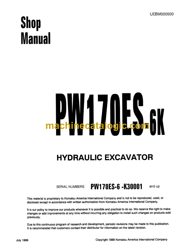 Komatsu PW170ES-6K Hydraulic Excavator Shop Manual (UEBM000500)