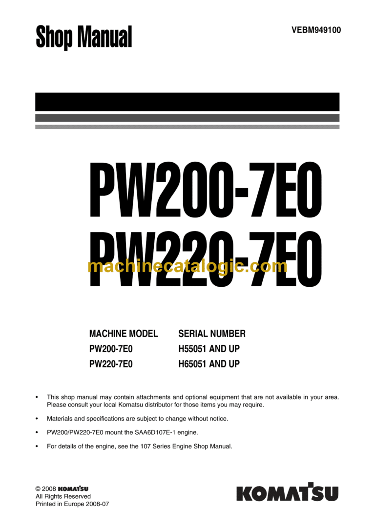 Komatsu PW200-7E0, PW220-7E0 Wheeled Excavator Shop Manual (VEBM949100)