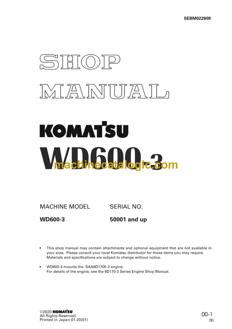Komatsu WD600-3 Wheel Dozer Shop Manual (SEBM022909)