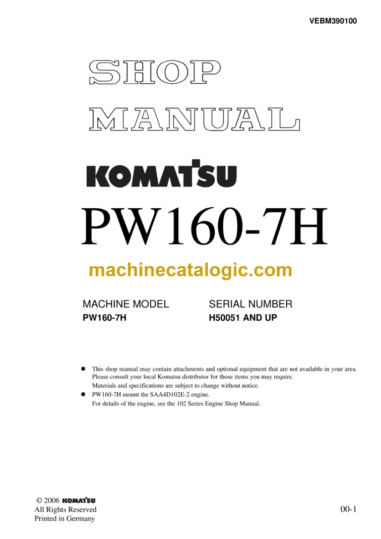 Komatsu PW160-7H Hydraulic Excavator Shop Manual (VEBM390100)