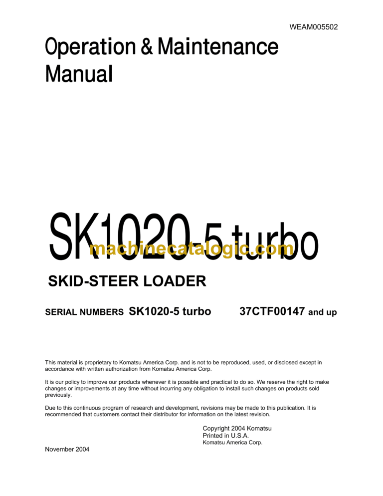 Komatsu SK1020-5 Turbo Steer Loader Operation and Maintenance Manual (WEAM005502)