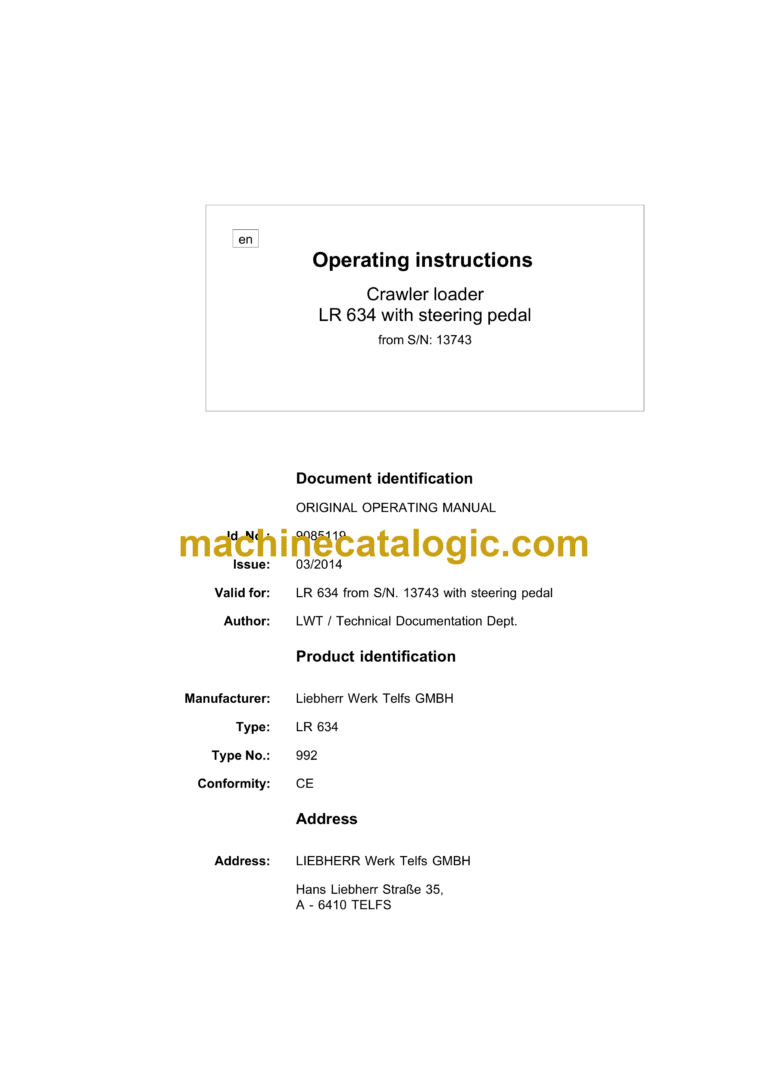 Liebherr LR 634 Crawler Loader Operating Manual (From SN 13743)