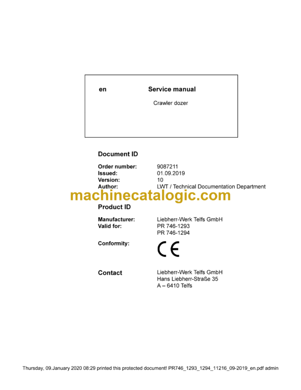 Liebherr PR 746 Crawler Dozer Service Manual [PR746_1293_1294_11216_09-2019]