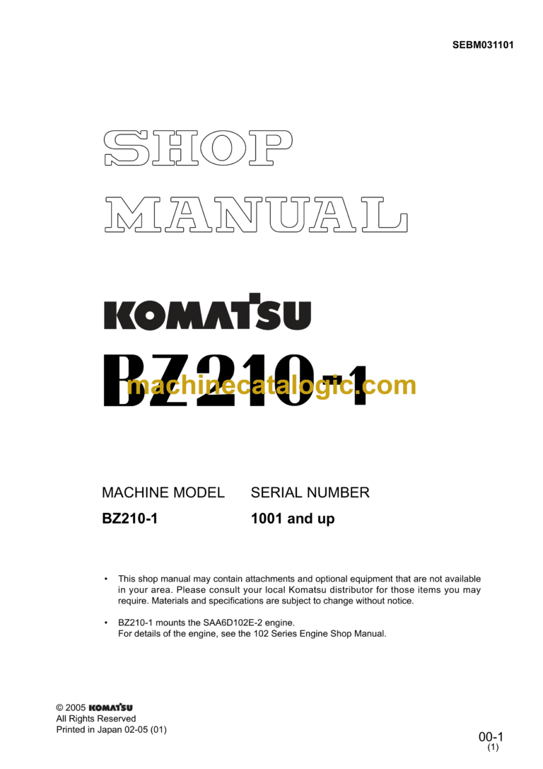 Komatsu BZ210-1 Mobile Soil Recycler Shop Manual (SEBM031101)