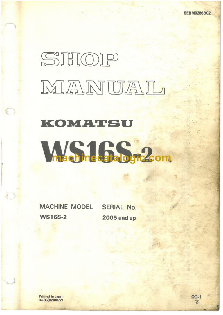 Komatsu WS16S-2 Motor Scraper Shop Manual (SEBM0286B02)