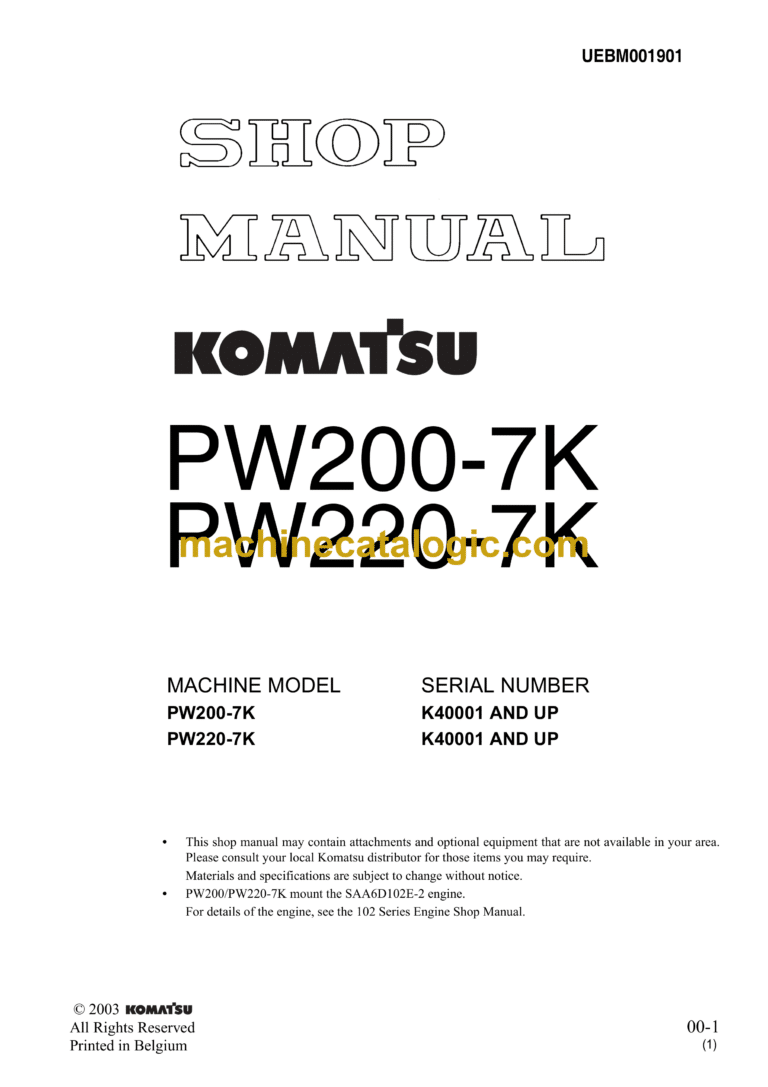 Komatsu PW200-7K, PW220-7K Wheeled Excaxvator Shop Manual (UEBM001901)