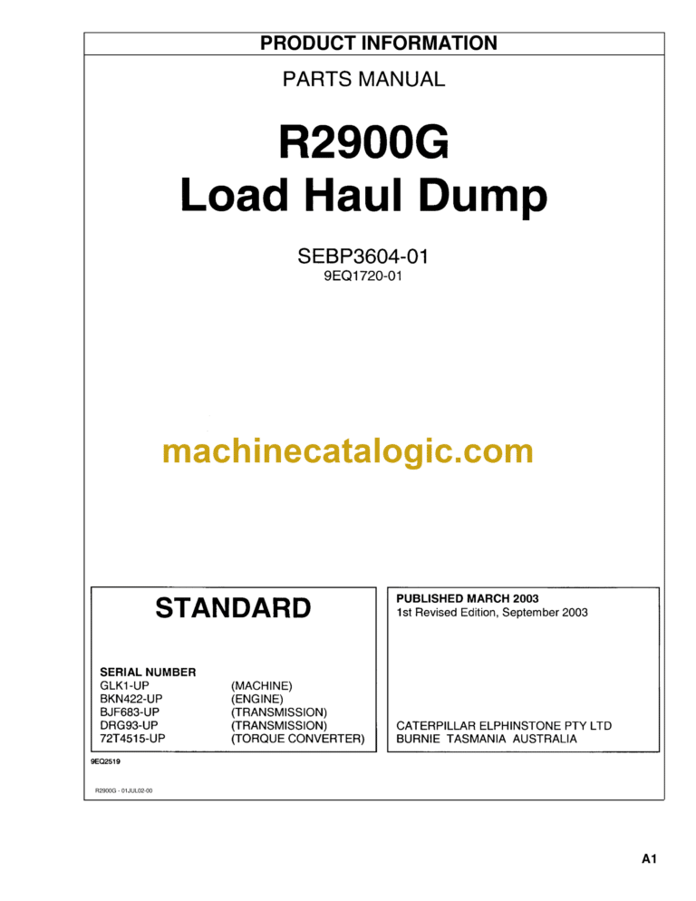 Hitachi R2900GLK Load Haul Dump Parts Catalog