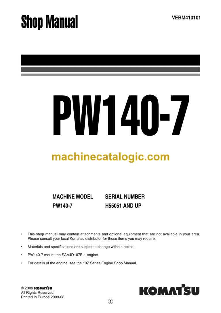 Komatsu PW140-7 Hydraulic Excavator Shop Manual (VEBM410101)