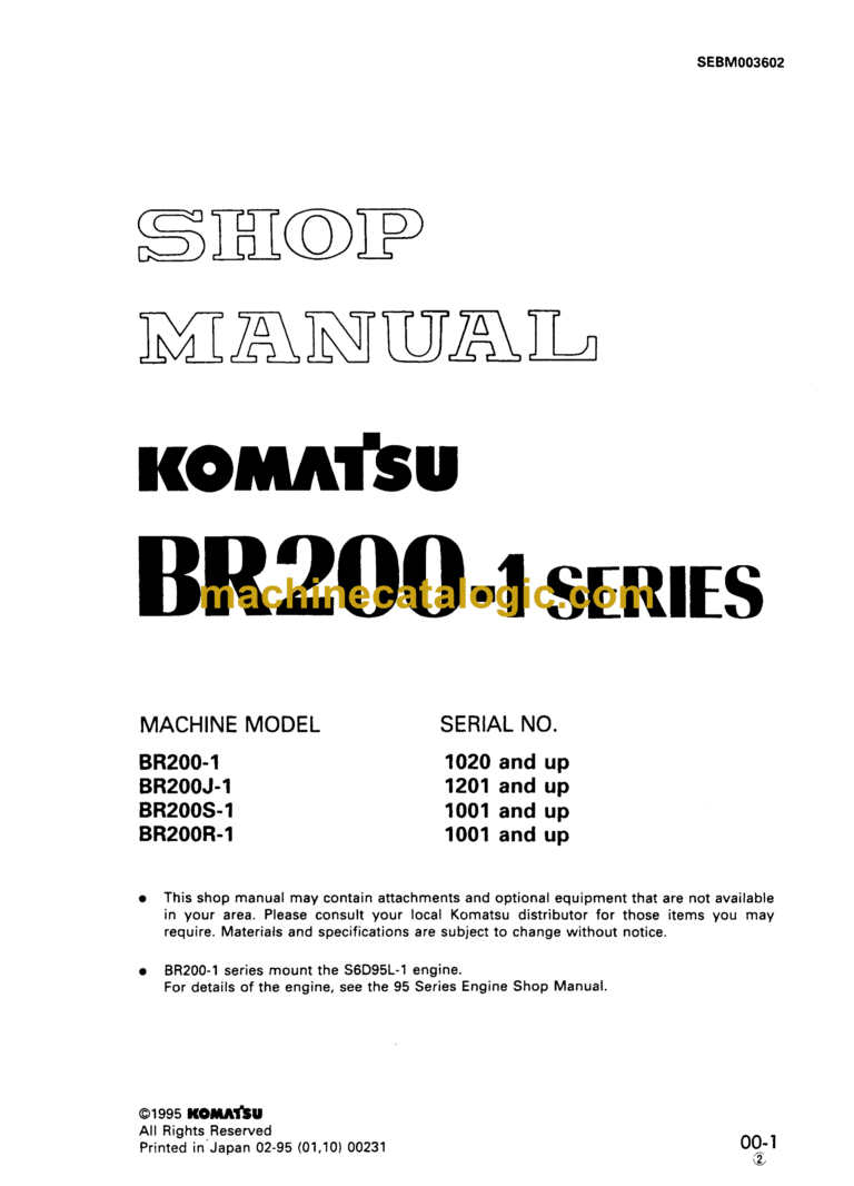 Komatsu BR200-1, BR200J-1, BR200S-1, BR200R-1 Mobile Crusher Shop Manual (SEBM003602)