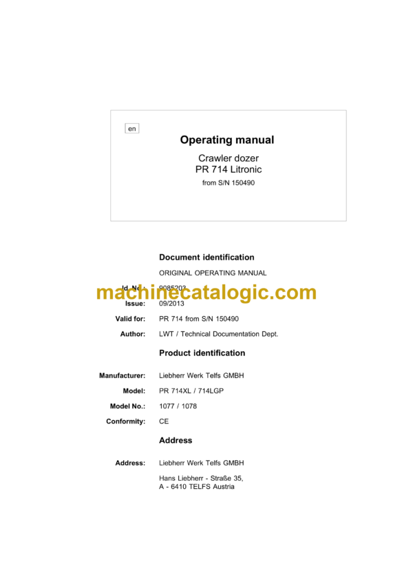 Liebherr PR714XL, PR714LGP Crawler Dozer Operating Manual (From SN 150490)