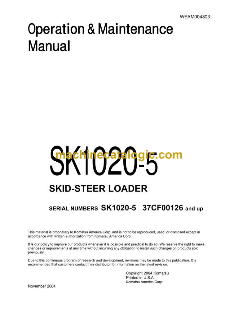 Komatsu SK1020-5 Skid Steer Loader Operation and Maintenance Manual (WEAM004803)