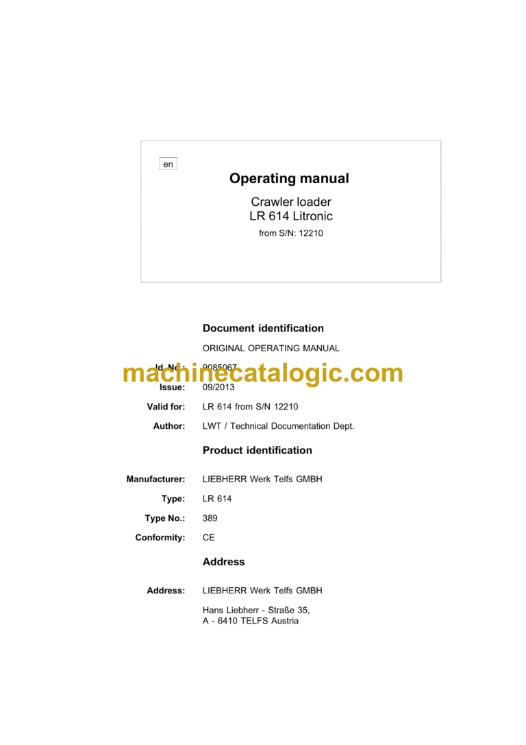 Liebherr LR 614 Litronic Type No.389 Crawler Loader Operating Manual (From SN 12210) (Id No. 9085067)