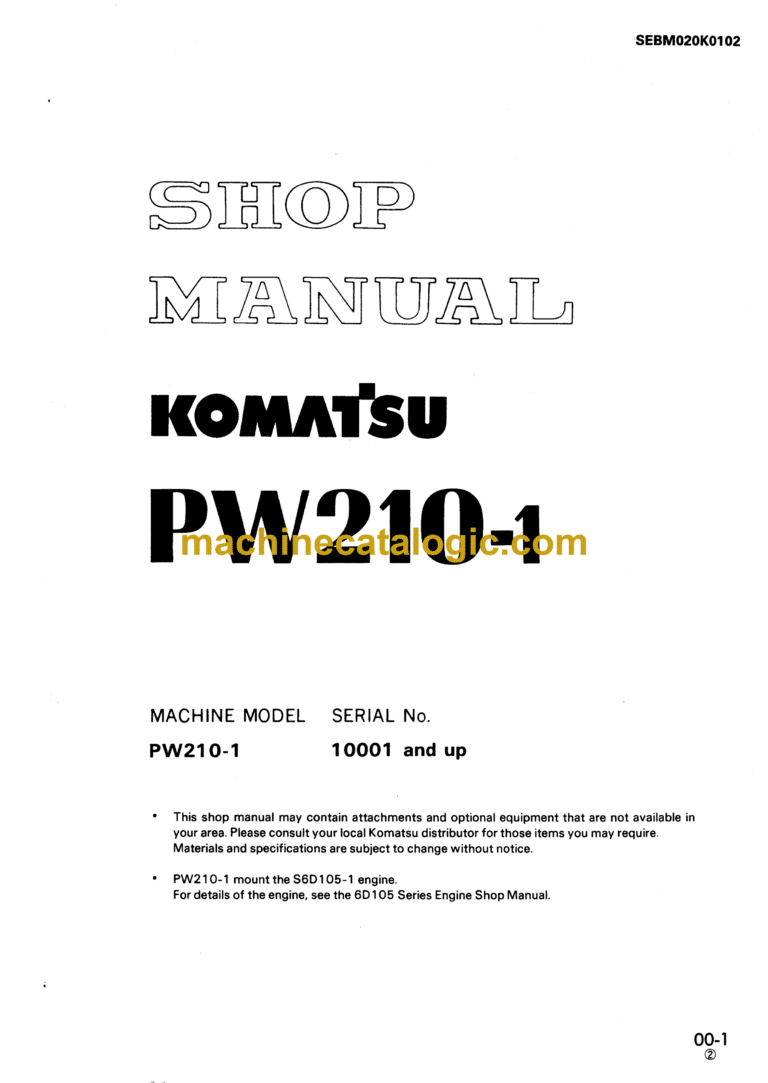 Komatsu PW210-1 Wheeled Excavator Shop Manual (SEBM020K0102)