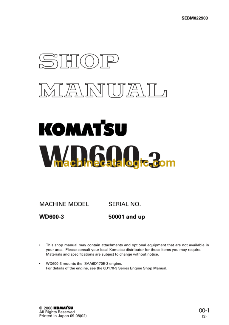 Komatsu WD600-3 Wheel Dozer Shop Manual (SEBM022903)