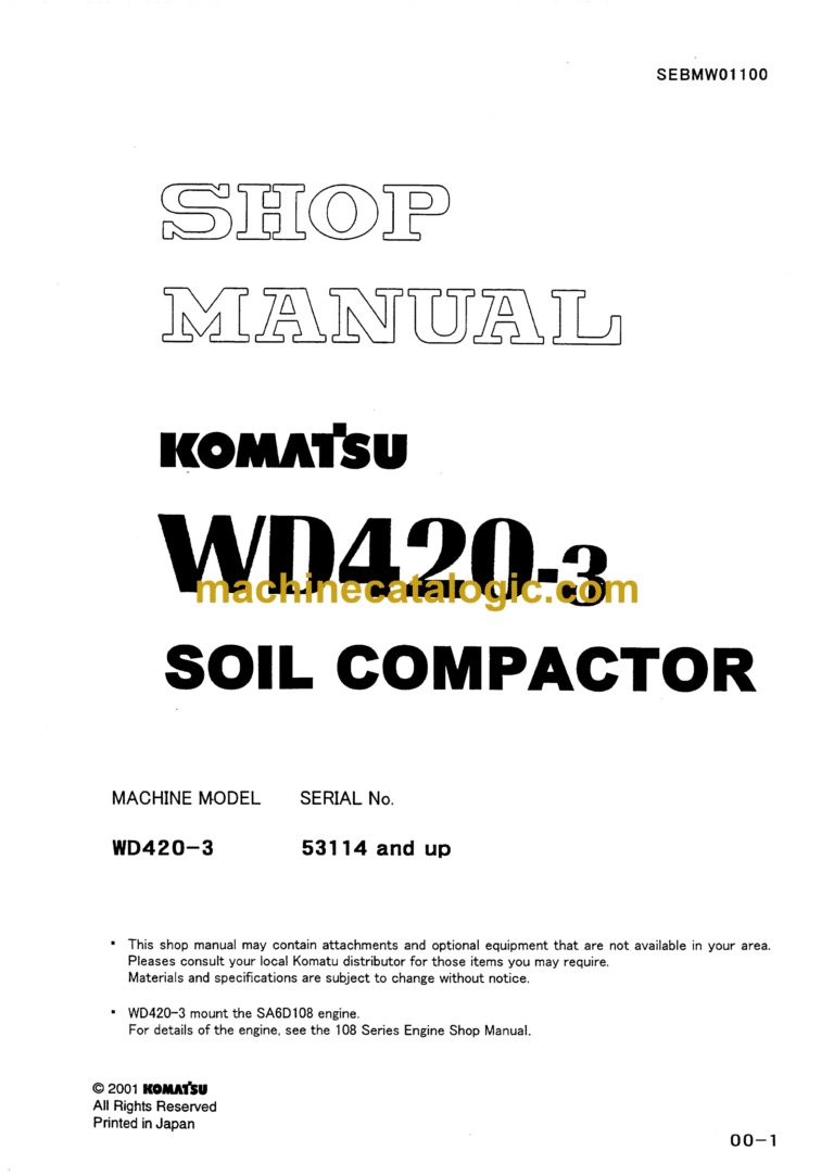 Komatsu WD420-3 Soil Compactor Shop Manual (SEBMW01100)