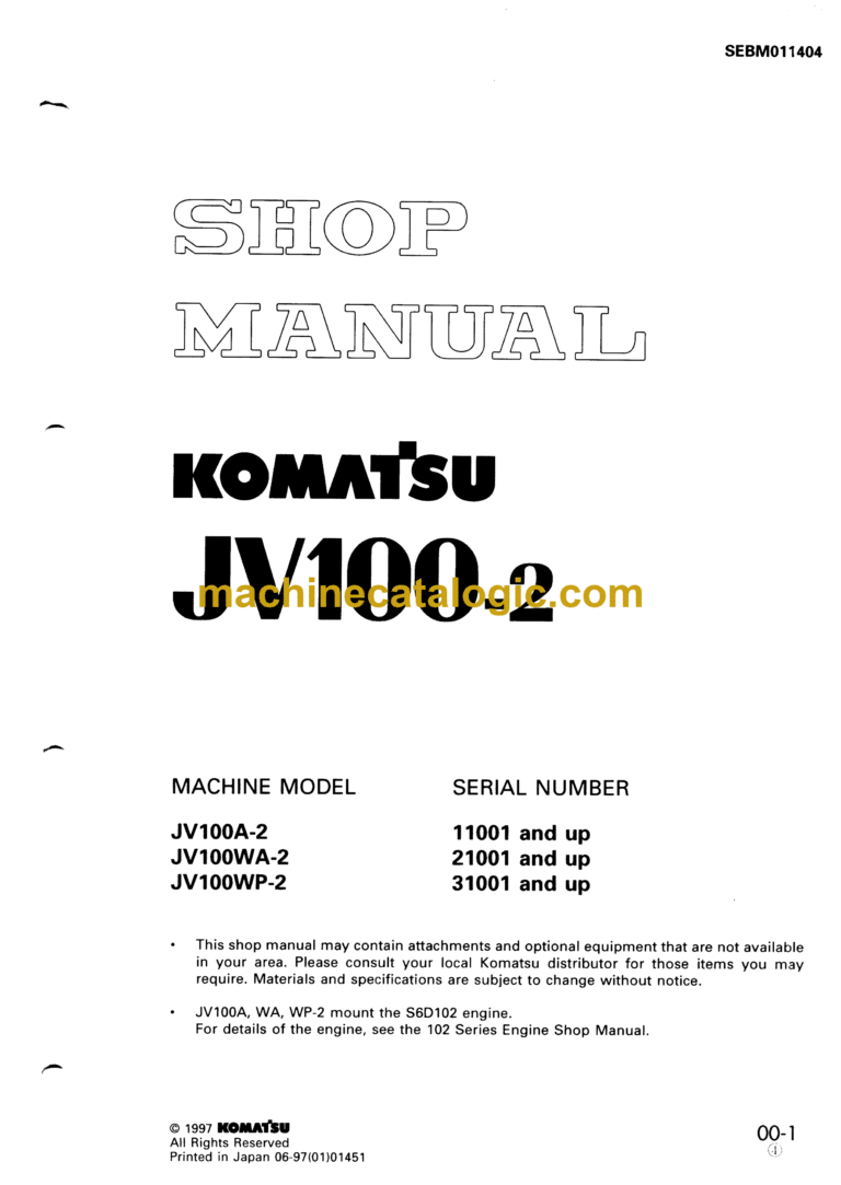 Komatsu JV100-2 Vibration Roller Shop Manual (SEBM011404)