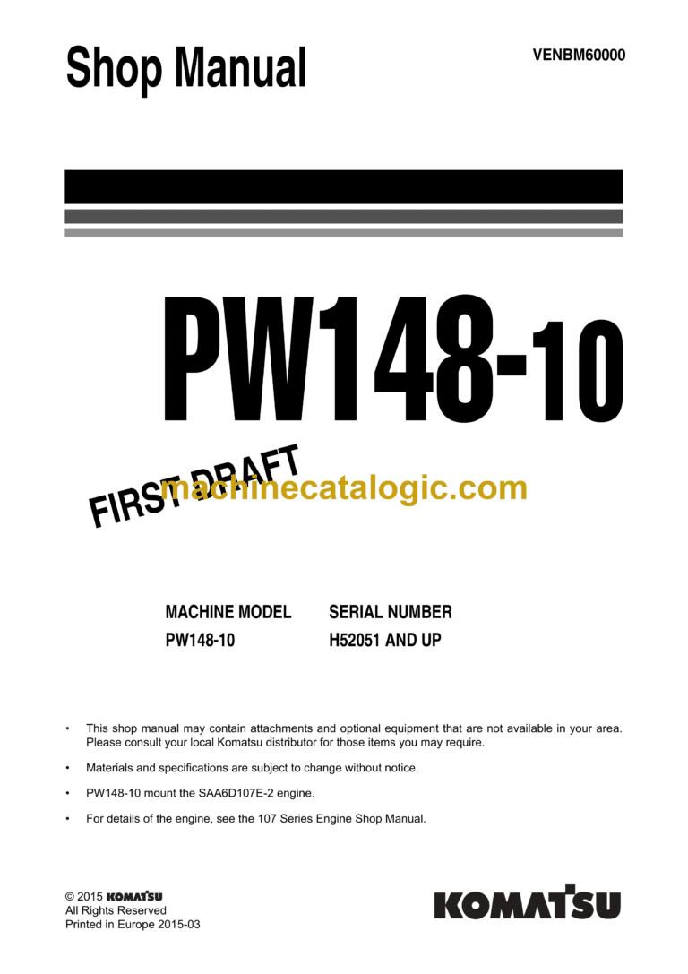 Komatsu PW148-10 Hydraulic Excavator Shop Manual (VENBM60000)
