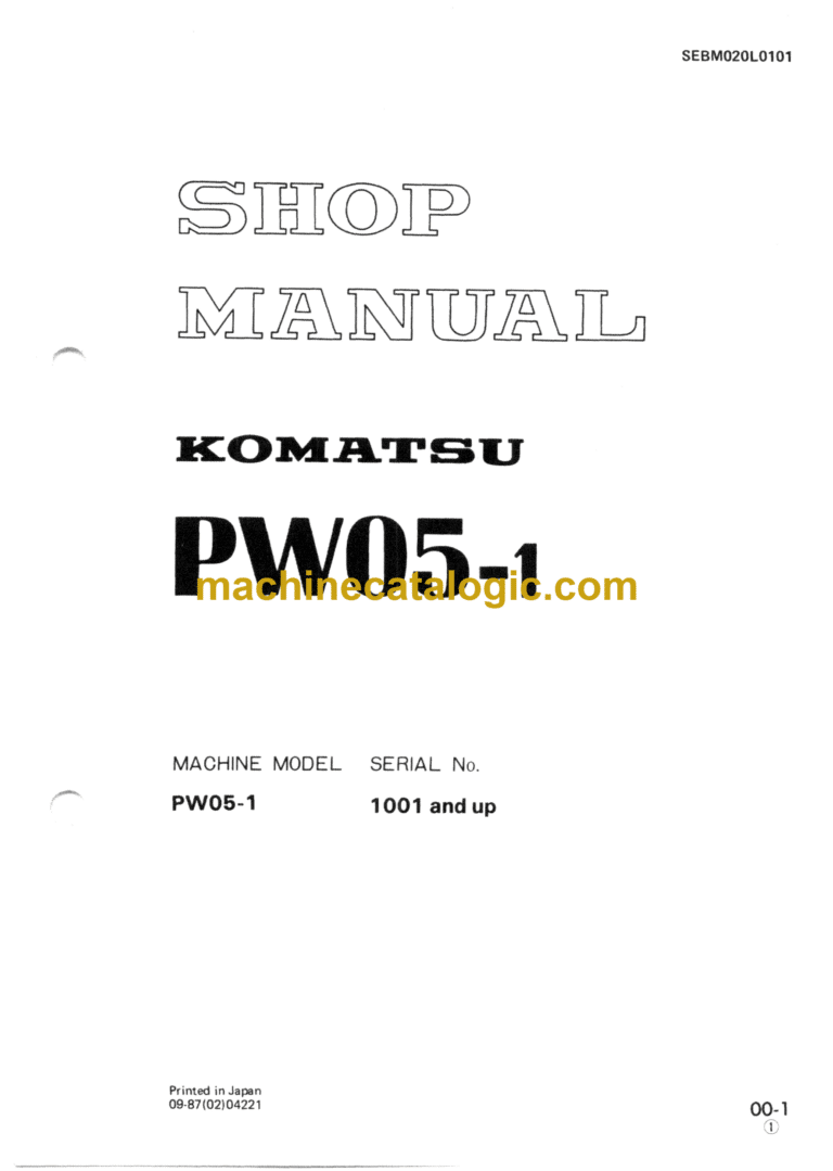 Komatsu PW05-1 Wheeled Excavator Shop Manual (SEBM020L0101)