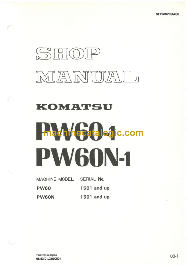 Komatsu PW60-1, PW60N-1 Wheeled Excavator Shop Manual (SEBM020BA00)