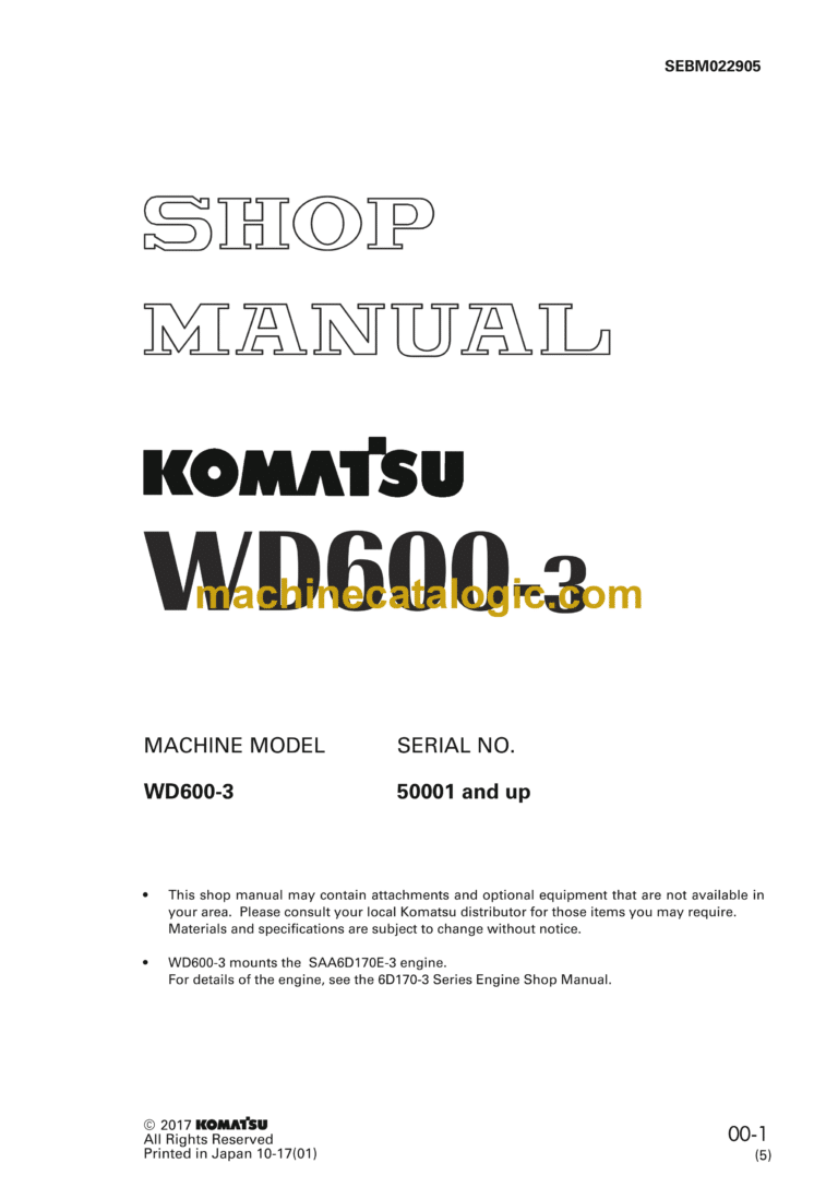 Komatsu WD600-3 Wheel Dozer Shop Manual (SEBM022905)