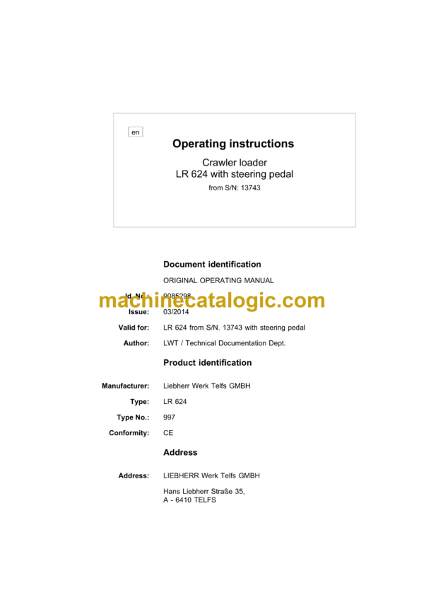 Liebherr LR 624 Crawler Loader Operating Manual (From SN 13743)