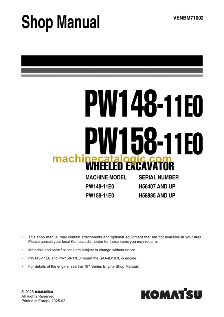 Komatsu PW148-11E0, PW158-11E0 Wheeled Excavator Shop Manual (VENBM71002)