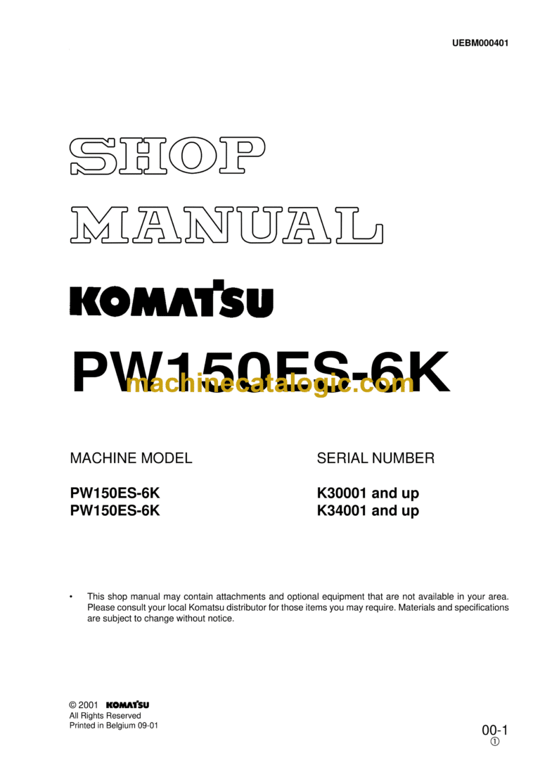 Komatsu PW150ES-6K Hydraulic Excavator Shop Manual (UEBM000401)