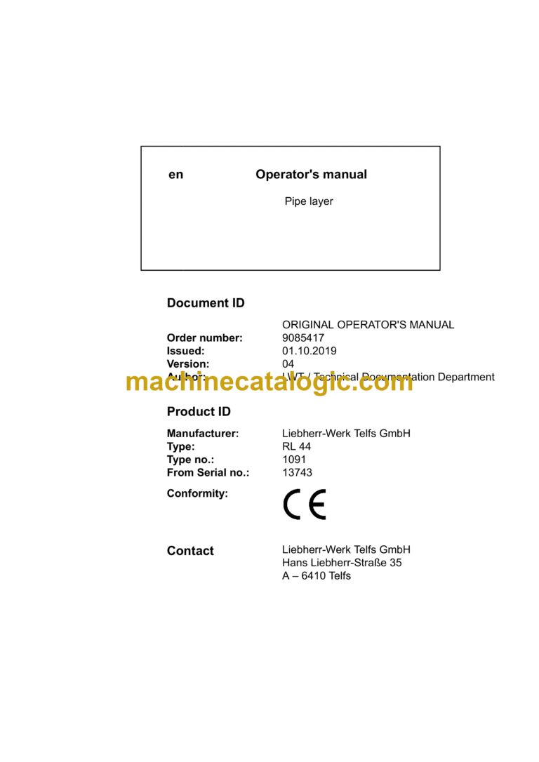 Liebherr RL 44 Pipe Layer Operating Manual (From SN 13743)