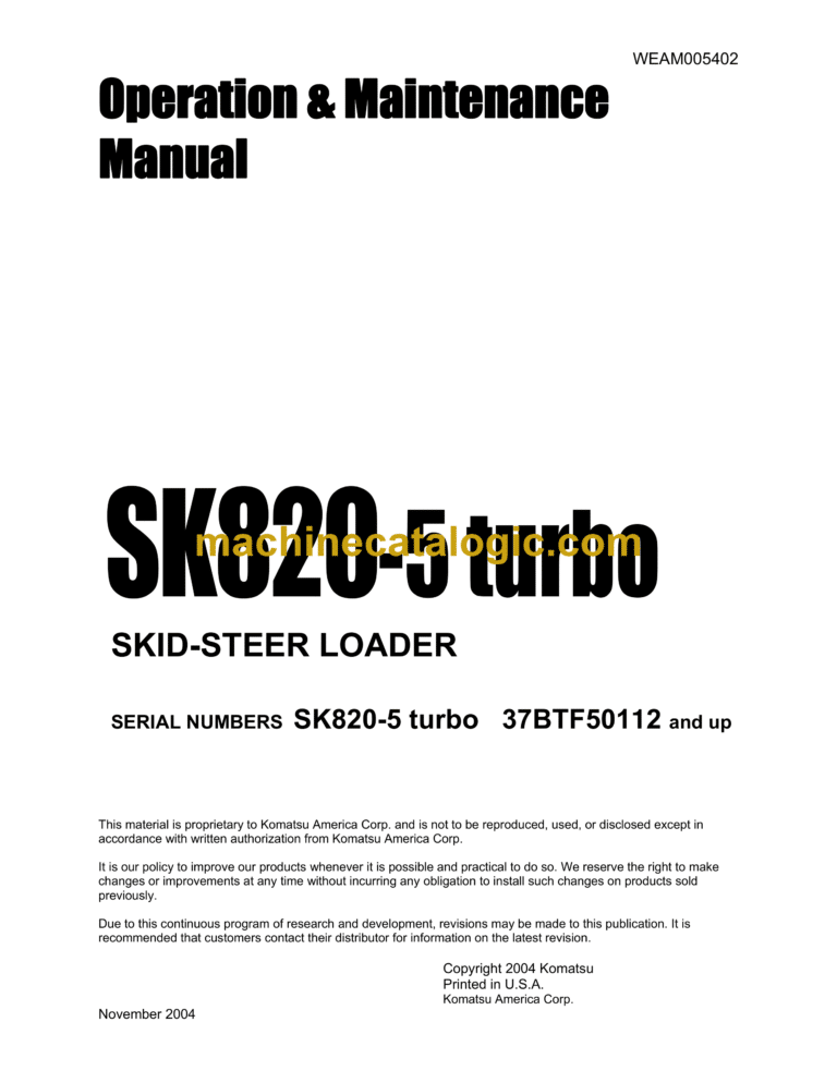 Komatsu SK820-5 Turbo Skid Steer Loader Operation and Maintenance Manual (WEAM005402)